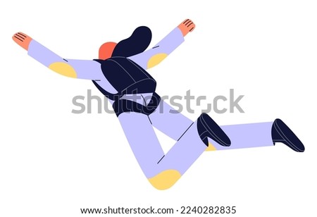 Active sky jumper flies with parachute backpack. Extreme skydiver, parachutist jumping, falling down, freefall in air, flight. Skydiving sport. Flat vector illustration isolated on white background