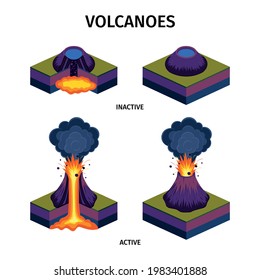 Active and sleeping volcanoes isometric set with colored images of internal structure isolated vector illustration