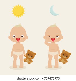 Active and sleepy baby with teddy bear toy. Vector illustration
