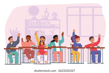 Crianças inteligentes ativas estudantes do ensino fundamental levantando as mãos enquanto sentam à mesa na cena do desenho animado da sala de aula. Meninos e meninas personagens alunos felizes estudando na ilustração vetor lição