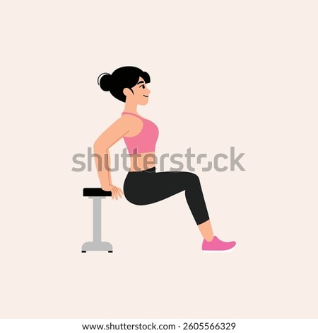 Active Smiling Woman Doing Tricep Dip with Bench for Workout, Pink Sport Bra, Legging, Sport Shoes illustration