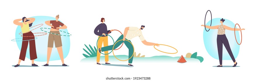 Active Sparetime, Outdoor or Indoor Activity. Adult Male and Female Characters Exercising with Hula Hoop Rolling on Waist and Arms and Throw. People Summertime Recreation. Cartoon Vector Illustration