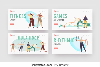 Active Sparetime, Outdoor or Indoor Activity Landing Page Template Set. Adult Characters Exercising with Hula Hoop Rolling and Throw on Pins. People Summertime Recreation. Cartoon Vector Illustration