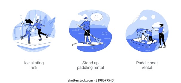 Active sport in city park isolated cartoon vector illustrations set. Ice skating rink, stand up paddling rental, paddle boat rental, urban winter sports, active sport training vector cartoon.