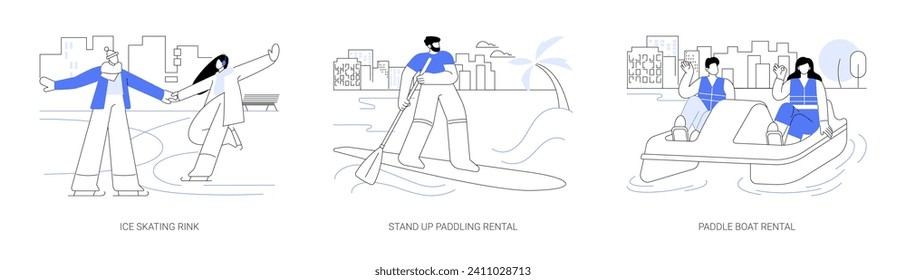 Active sport in city park isolated cartoon vector illustrations set. Ice skating rink, stand up paddling rental, paddle boat rental, urban winter sports, active sport training vector cartoon.