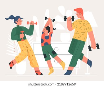 Active sport exercises and physical workout of family. Cartoon characters training at home, happy parent and kid or siblings holding dumbbells flat vector illustration. Wellbeing, fitness concept