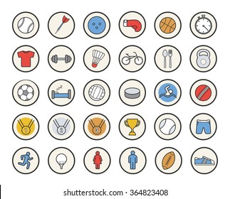 Active sport games color icons set. Gold, silver, bronze medals and winner cup. Boxing glove and gym workout symbols. American football and soccer balls. Logo concepts. Vector isolated illustrations