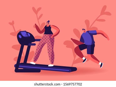 Active Sport Life. Woman and Man Running on Treadmill. Athletic Young People in Sportswear and Sneakers Exercising to be Fit and Slim. Fitness and Healthy Lifestyle. Cartoon Flat Vector Illustration