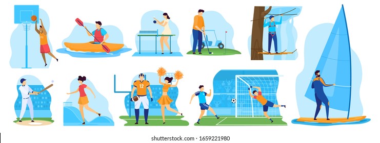 Active sport, people playing basketball and golf, vector illustration. Men and women with active lifestyle, professional sport players. Baseball, tennis, kayaking and windsurfing