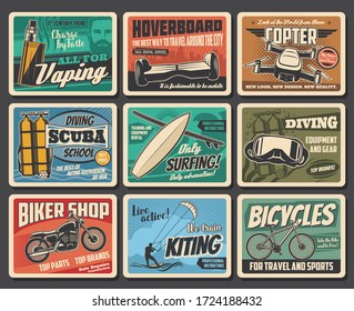 Active Sport And Summer Leisure, Entertainment Vector Retro Posters. Scuba Diving School, Water Kiting And Ocean Surfing Club, Travel Bicycles And Biker Shop, Hoverboard And Vaping E-cigarettes