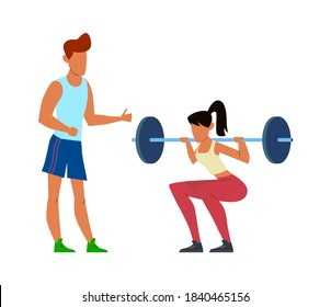 Active sport woman with trainer, young girl in sportswear powerlifter squatting using heavy barbell with fitness coach, bodybuilding in gym concept vector isolated illustration