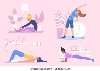 Active sportive girls do morning exercises, fitness at home character flat vector illustration set. Young slim women training, bend, do plank at comfortable interior. Healthy lifestyle concepts