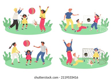 Active sports families with children playing games outdoors, cartoon flat vector illustration isolated on white background. Family outdoor activity scenes set.
