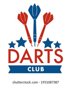 Active sports or hobby, isolated banner or emblem for darts club. Label with ribbons and inscription, stars and arrows with needles. Achievement and success, relaxation and rest. Vector in flat style