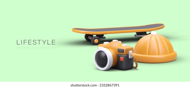 Active sports lifestyle. Realistic skateboard, round hat, camera. Fun leisure time. Promotion of healthy recreation in urban conditions. Accessories for sports style