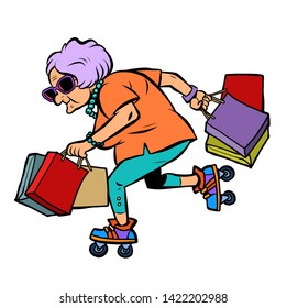 Active sports old lady with shopping. Comic cartoon pop art retro vector illustration drawing
