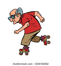 Active sports old man on roller skates. Comic cartoon pop art retro vector illustration drawing