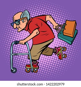 Active sports old man with shopping. Comic cartoon pop art retro vector illustration drawing