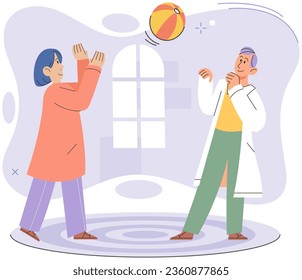 Active sports people man and woman playing games indoors, spend time together. Family inside activity. Happy husband and wife throw ball to each other. Father and mother having fun while playing