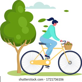 Active sports people vector illustration. Cartoon flat happy woman character riding bike decorated with flowers, have fun from cycling in summer outdoor city park, healthy lifestyle isolated on white