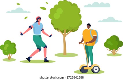 Active sports people vector illustration. Cartoon flat happy woman character skating rollers, smiling man riding modern electric segway in summer outdoor city park, healthy lifestyle isolated on white