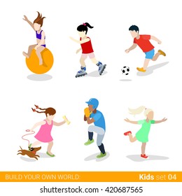 Active sports teenagers children flat web infographic concept vector icon set. Ball jumping gymnastics skating soccer baseball dancing dog walking. Creative people collection.