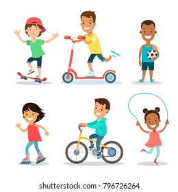 Active sports teenagers children flat web infographic concept vector icon set. jumping rope, roller skating, soccer, skateboarding, kick scooter, cycling. Creative kids people collection.