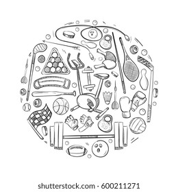Active sports things vector doodle icons set. Baseball and training sport fitness, illustration of drawing, sport equipment