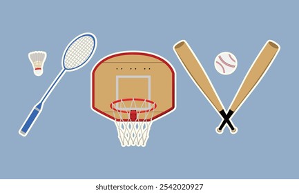 Vetor Esportivo Ativo Conjunto com Raquete Badminton, Arco de Basquete, Beisebol Morcegos e Bola Perfeito para Projetos Atléticos e Recreativos

