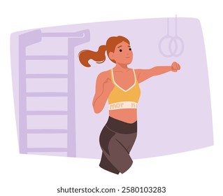 Active sports woman cartoon character in activewear training self defense technique hitting arms fists in air enjoying workout at gym vector illustration. Female cardio physical exercise for strength