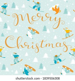 Active sports youth people background. Greetings seamless vector pattern. Christmas holidays outdoor recreation and active sports lifestile illustration. Xmas greetings hand lettered sign card.