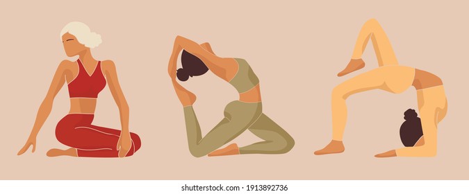 Active sporty girls vector set. Do yoga at home, stay at home and exercise. Women'S yoga. Vector Illustration Of A Beautiful Cartoon