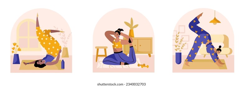 Active sporty ladies performing different exercises at home. Yoga at home. Morning training concept. Active life for young people. Vector flat illustration in purple and yellow colors in cartoon style