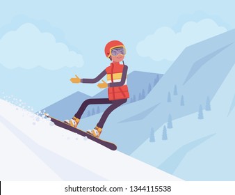 Active sporty man riding on a snowboard, enjoy winter outdoor fun on ski resort with beautiful snowy nature and mountain view, wintertime tourism and recreation. Vector flat style cartoon illustration