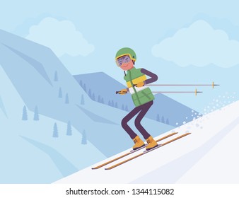 Active sporty man skiing downhill, enjoy winter outdoor fun on resort with beautiful snowy nature and mountain view, professional wintertime tourism, recreation. Vector flat style cartoon illustration