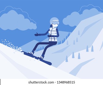 Active sporty woman riding on snowboard, enjoy winter outdoor fun on ski resort with beautiful snowy nature, mountain view, wintertime tourism and recreation. Vector illustration, faceless characters