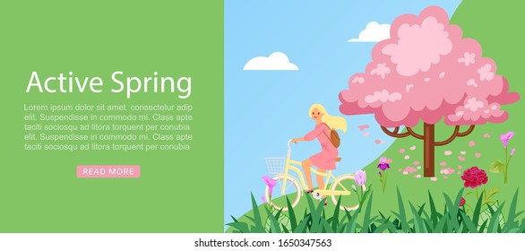 Active spring and lifestyle girl riding on bicycle and blooming trees vector illustration. Bycyclist active spring girl rides bike in blooming park with trees web banner.