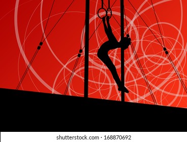 Active and strong children in gymnastics rings sport silhouette vector abstract background illustration