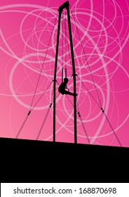 Active and strong children in gymnastics rings sport silhouette vector abstract background illustration