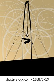 Active and strong children in gymnastics rings sport silhouette vector abstract background illustration