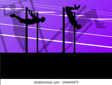 Active and strong fitness man doing push ups in sport silhouettes gym background illustration vector