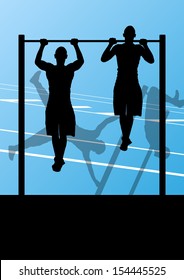 Active and strong fitness man doing push ups in sport silhouettes gym background illustration vector