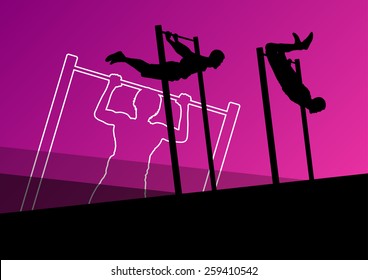 Active and strong fitness men doing push ups muscles training in sport silhouettes gym background illustration vector