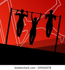 Active and strong fitness men doing push ups muscles training in sport silhouettes gym background illustration vector