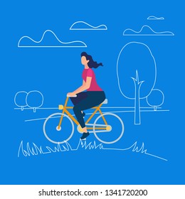 Active Stylish Girl Enjoying Bike Ride Open Air on Blue Background with Outline Nature Elements. Young Woman Character Riding Bicycle in City Park. Healthy Lifestyle, Cartoon Flat Vector Illustration
