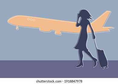 Active stylish lady with suitcase is hurrying to the plane or just landed and phoning someone. Flat and minimal silhouette in muted colors of purple and beige. Abstract happy summer vacation poster.