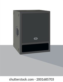 Subwoofer activo, ilustración vectorial realista. Caja de baja pureza. Potente máquina de bajos. Presión acústica. Material para jinetes, artistas y músicos. Tema musical. Equipo de estudio y de conciertos.