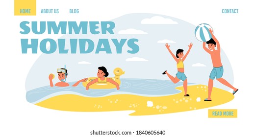 Active summer holiday for children. Girl boy playing ball on sandy beach, swimming in river or sea. Camp for kids. Sunbathe activities. Fun summertime recreation enjoyment. Landing page design