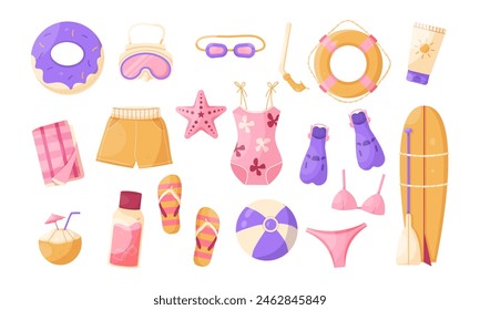 Active summer holidays set of vector elements. Summer travel destinations