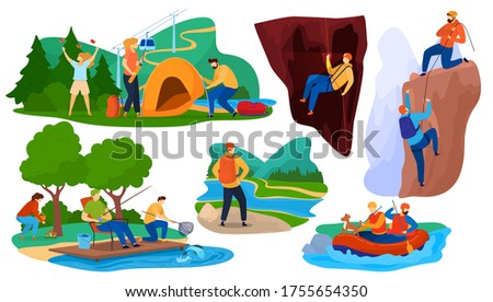 Active summer tourism vector illustration. Cartoon flat tourist characters hiking, people camping in nature forest, kayaking in river, climbing mountains, sport outdoor activity icon isolated on white
